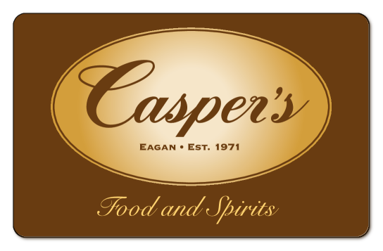 Golden caspers logo with gold food and spirits text on a brown background
